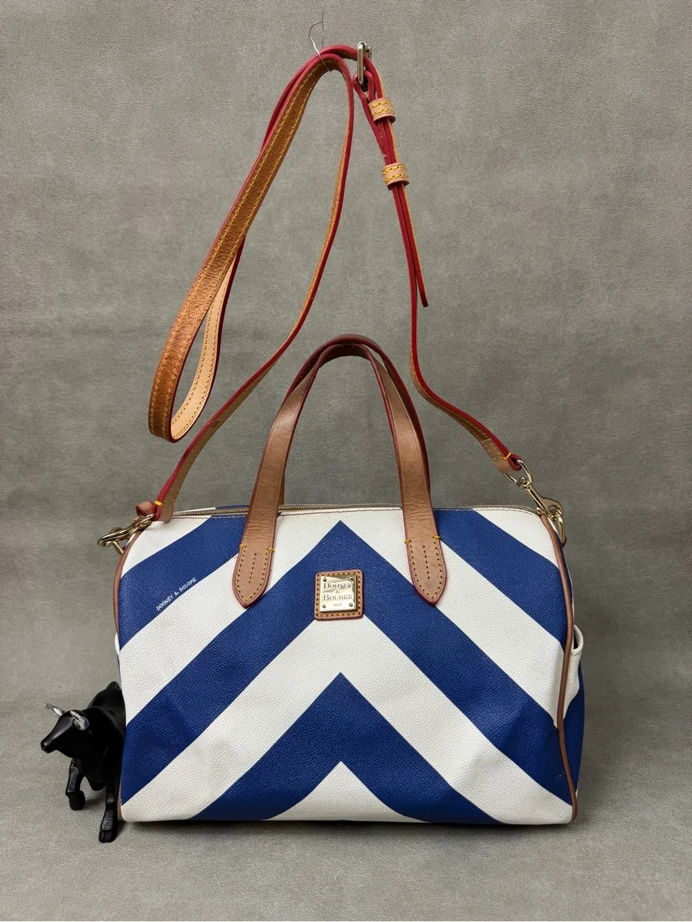 Dooney & Bourke Blue and White Chevron Duffel with Brown Leather Trim